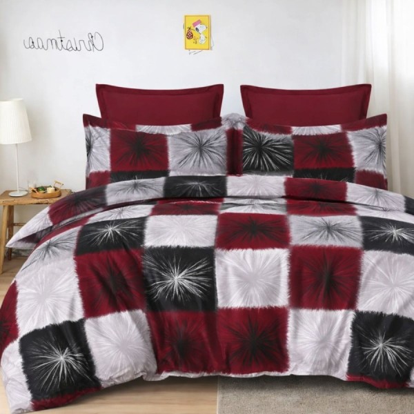Lenjerie de pat dublu din finet Patrate cu imprimeu geometric in nuante de bordo, negru, alb si gri