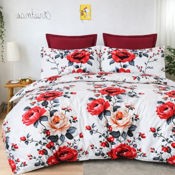Lenjerie de pat dublu din finet Trandafiri cu imprimeu floral elegant cu trandafiri rosii si crem pe fundal alb