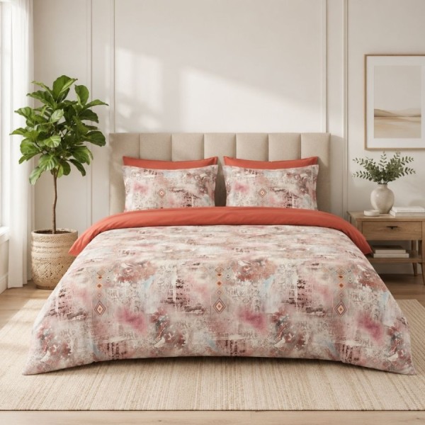 Lenjerie de pat dublu Dusty Kilim din bumbac ranforce premium cu imprimeu abstract roz prăfuit și cărămiziu