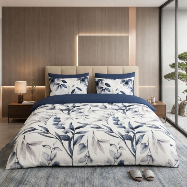 Lenjerie de pat dublu Eucalyptus Noir din bumbac ranforce premium cu frunze bleumarin și gri