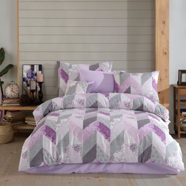 Lenjerie de pat dublu family bumbac 100% ranforce Nazenin Home Eldora cu design zigzag în nuanțe de lila și gri