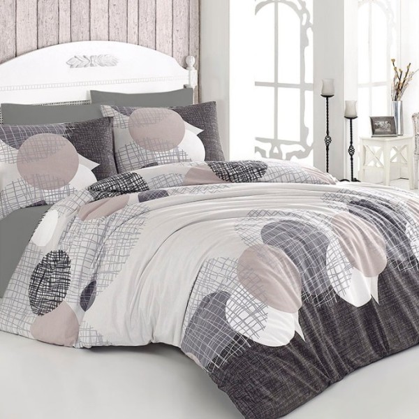 Lenjerie de pat dublu family bumbac 100% ranforce Nazenin Home Jadore Gri cu design modern de cercuri și linii în nuanțe de gri și bej pe fundal alb