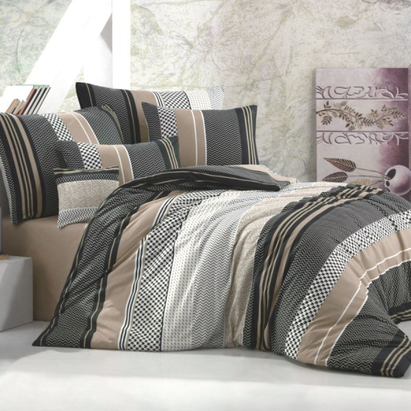 Lenjerie de pat dublu family bumbac 100% ranforce Nazenin Home Zigo Bej cu design cu dungi și modele geometrice în nuanțe de bej și negru