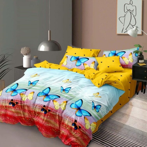 Lenjerie de pat dublu finet cu fluturi albastri și galbeni pe fundal multicolor, 6 piese