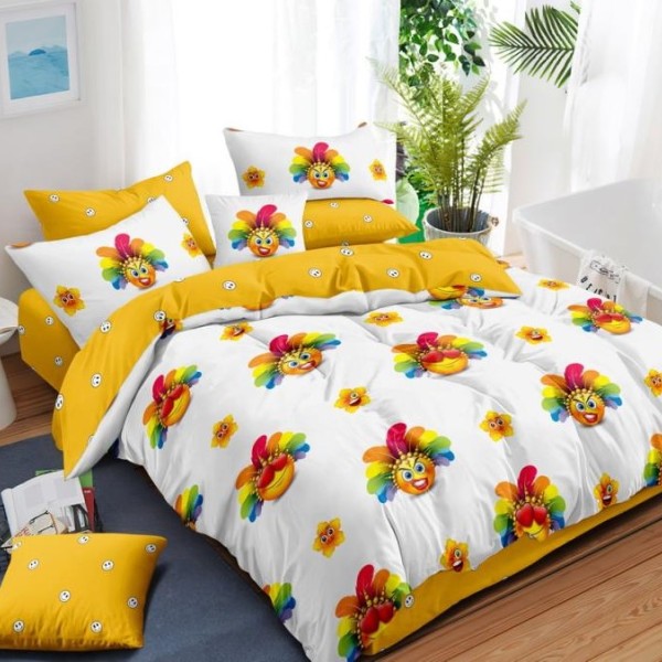Lenjerie de pat dublu din finet, 6 piese, cu design flori colorate zâmbitoare pe fundal alb și galben