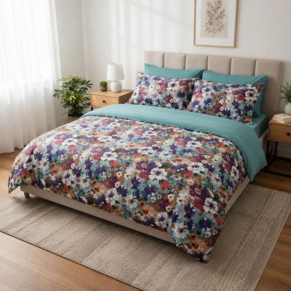 Lenjerie de pat dublu Floral Daydream din bumbac ranforce premium cu flori colorate și turcoaz