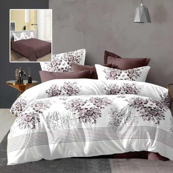 Lenjerie de pat dublu alba cu imprimeu flori mov gri si cearsaf drept maro inchis