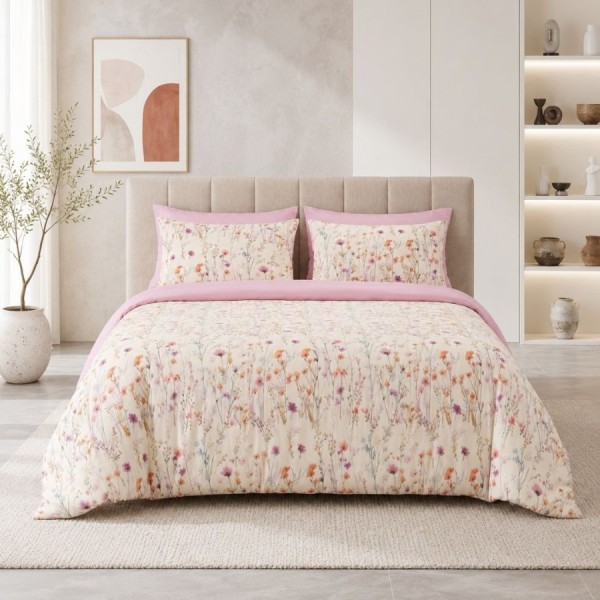 Lenjerie de pat dublu Garden Bliss din bumbac ranforce premium cu flori de camp pastelate