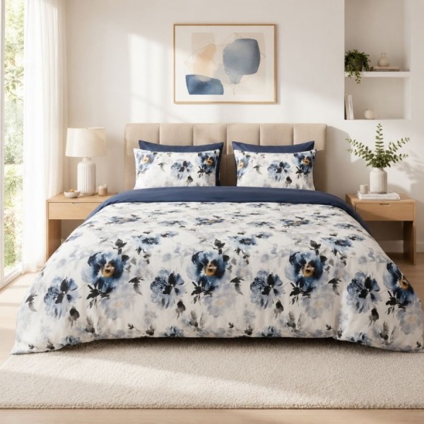 Lenjerie de pat dublu Noctelle Cotton Pro Pucioasa bumbac ranforce premium model flori albastre