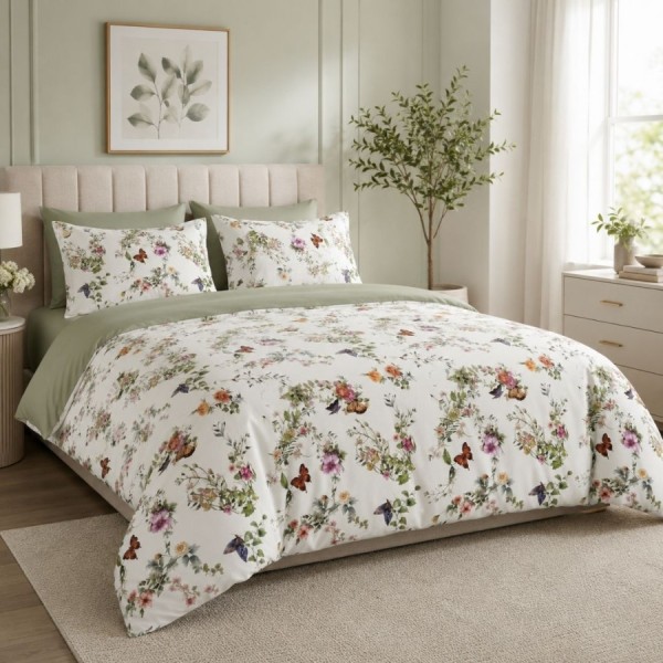 Lenjerie de pat dublu Paradise of Butterfly din bumbac ranforce premium cu fluturi si flori