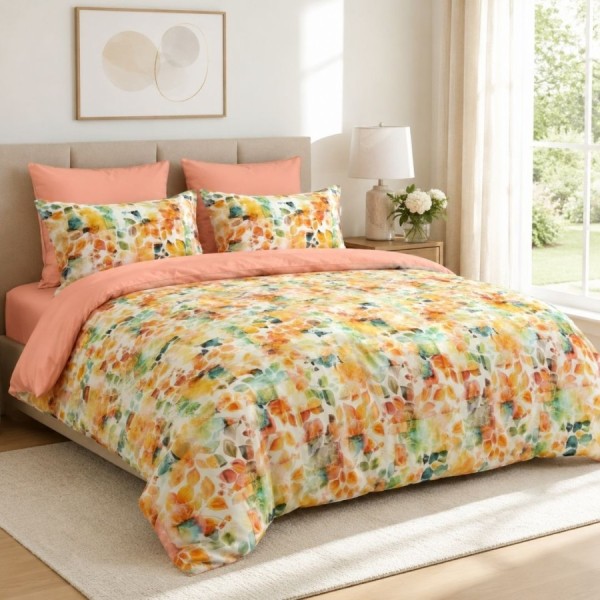 Lenjerie de pat dublu Peachora Cotton Pro Pucioasa bumbac ranforce premium model cu frunze colorate
