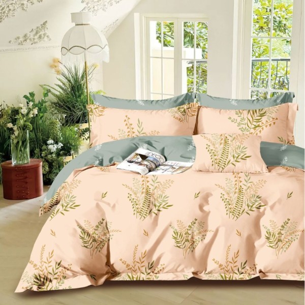 Lenjerie pat percale bumbac 100% cu plante stilizate pe fundal piersiciu
