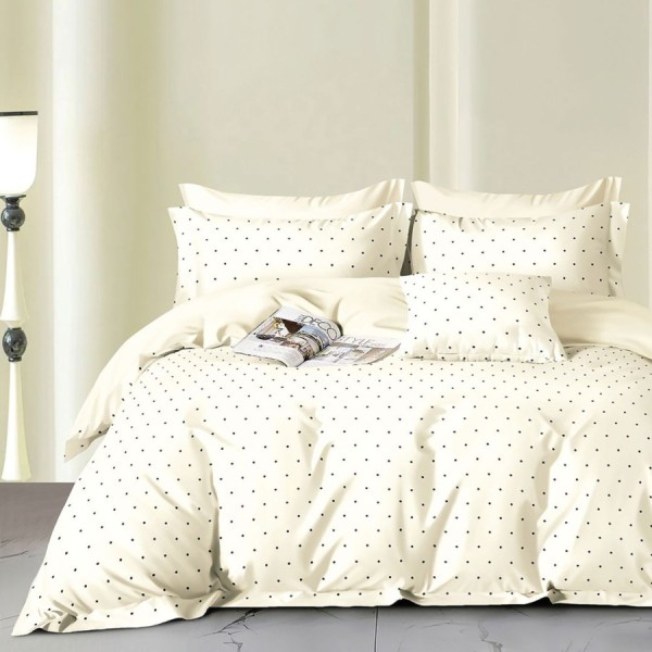 Lenjerie crem cu buline negre fine, din bumbac 100% percale, fabricata in Romania