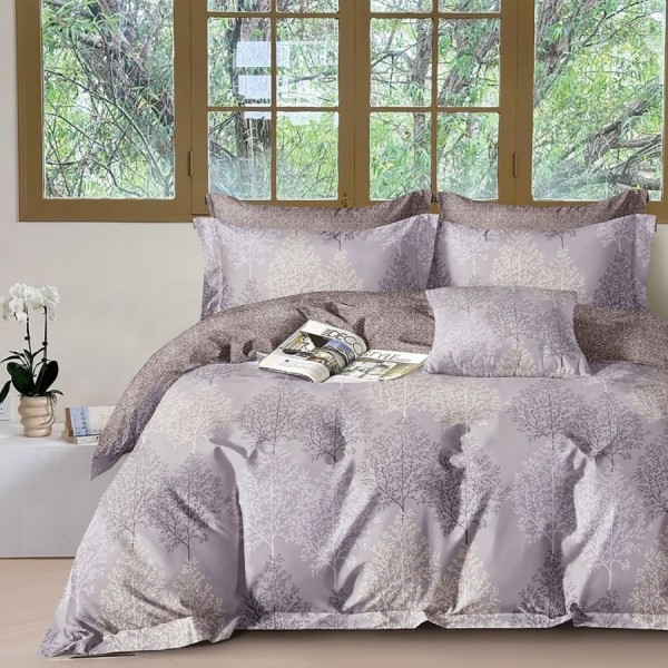 Lenjerie lavanda cu imprimeu de copaci stilizati, bumbac 100% percale, fabricata in Romania