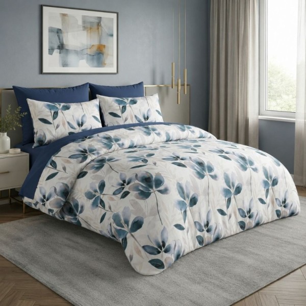 Lenjerie de pat dublu Petalique din bumbac ranforce premium cu model de frunze albastre si cearceaf 240x250 cm