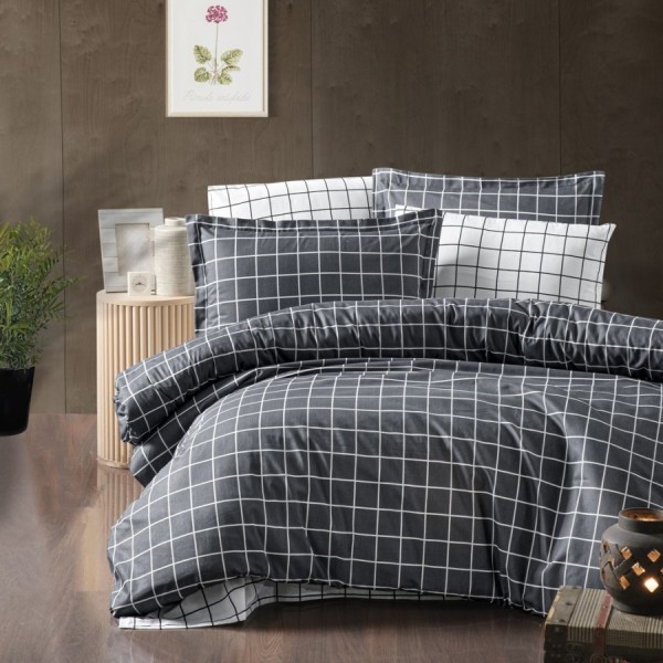Lenjerie de pat dublu ranforce 4 piese cu design in carouri gri si albe