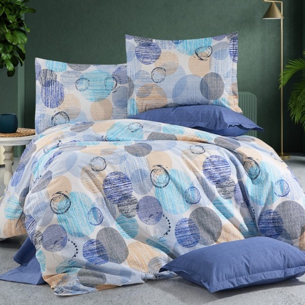 Lenjerie de pat dublu ranforce 4 piese cu design in cercuri albastre, gri si bej din bumbac