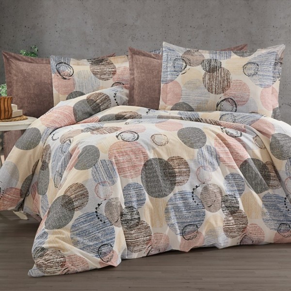 Lenjerie de pat dublu ranforce 4 piese cu design in cercuri pastel roz, gri, albastru si bej din bumbac