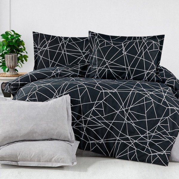 Lenjerie de pat dublu ranforce 4 piese design abstract negru cu linii albe