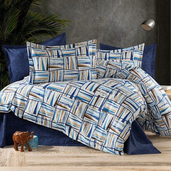 Lenjerie de pat dublu ranforce 4 piese cu design abstract albastru și bej din bumbac