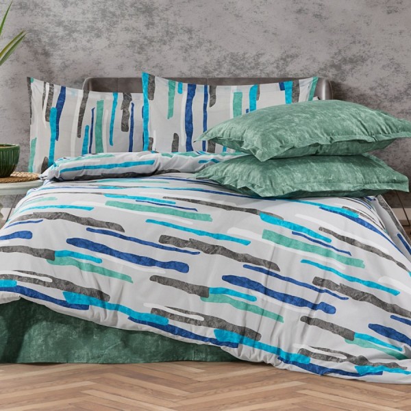 Lenjerie de pat dublu ranforce 4 piese cu design in dungi bleu, turcoaz si gri din bumbac