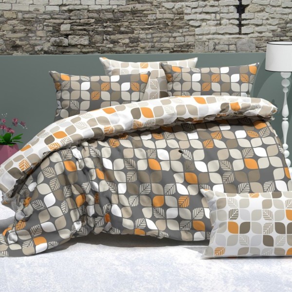 Lenjerie de pat dublu ranforce 4 piese cu design in frunze gri, bej si portocaliu din bumbac