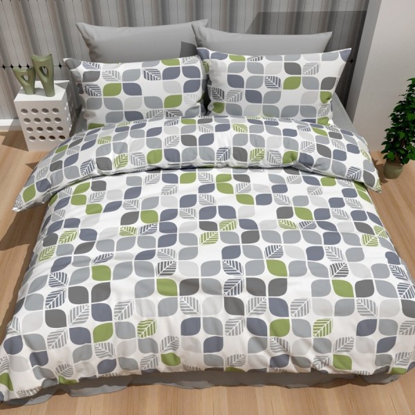 Lenjerie de pat dublu ranforce 4 piese cu design in frunze gri si verzi din bumbac