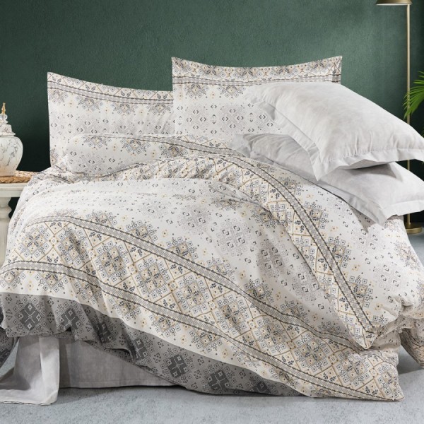 Lenjerie de pat dublu ranforce 4 piese cu design geometric in nuante de gri, bej si alb din bumbac