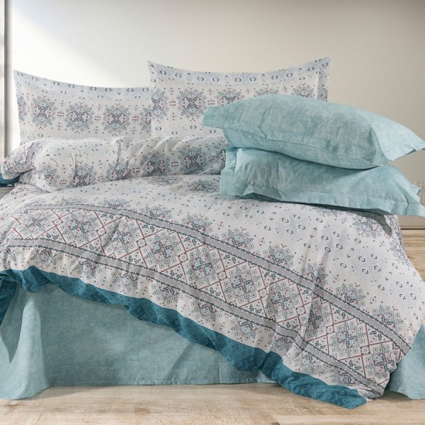 Lenjerie de pat dublu ranforce 4 piese cu design geometric in nuante de turcoaz, alb si rosu din bumbac
