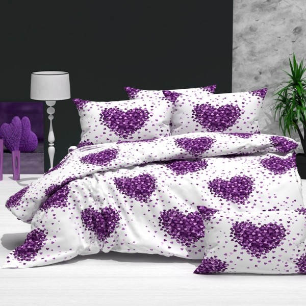 Lenjerie de pat dublu ranforce 4 piese cu design inimi mov pe fundal alb din bumbac