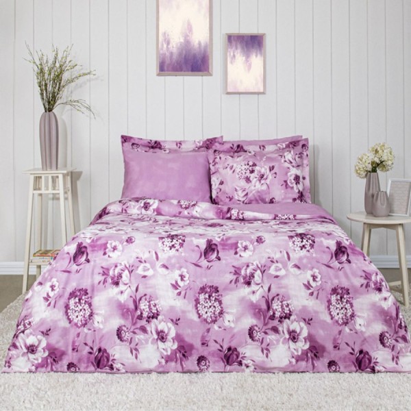 Lenjerie de pat dublu Vesta din bumbac 100% satin cu imprimeu floral în nuanțe de lila