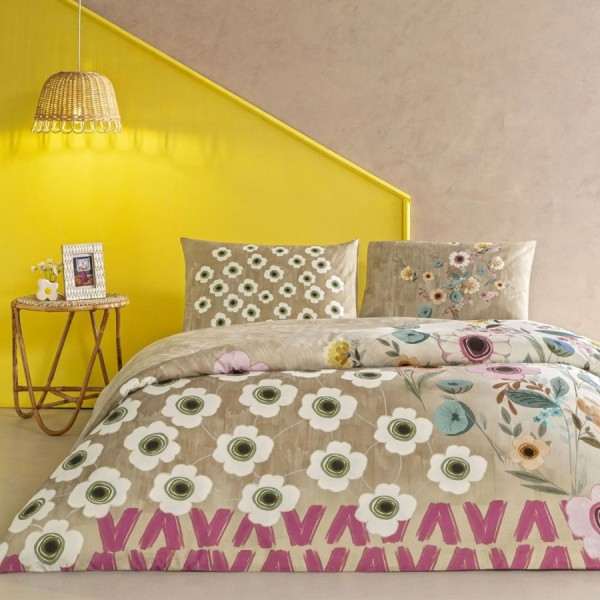 lenjerie de pat TAC Blyss din bumbac 100% ranforce cu model floral bej și flori pastelate