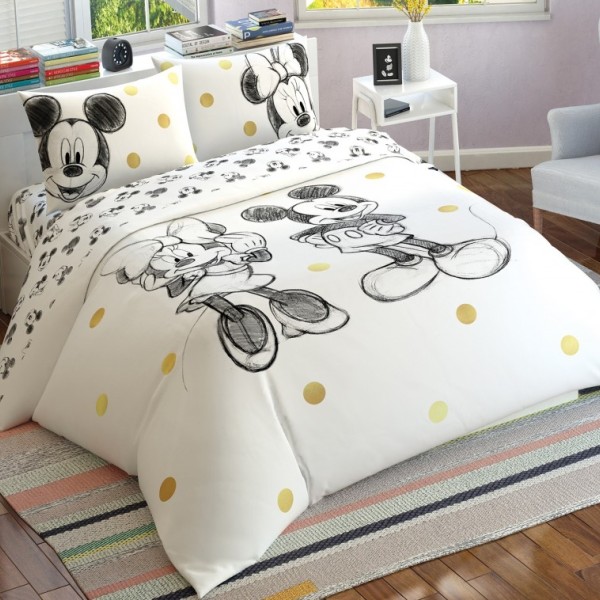 Lenjerie de pat dublu Tac Disney Minnie și Mickey Glitter, albă cu puncte aurii și desene schițate ale personajelor, din bumbac satinat