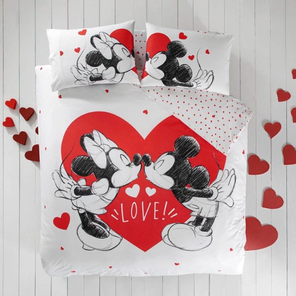 Lenjerie de pat model Minnie și Mickey Mouse cu inimă roșie, pat dublu, din bumbac 100% ranforce, Tac Disney