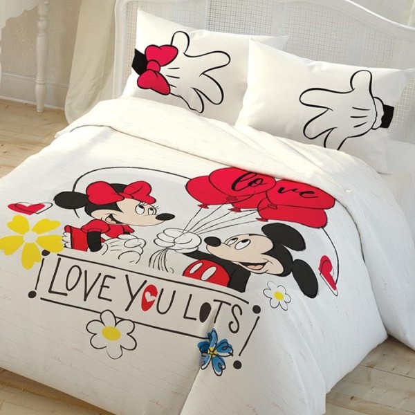 Lenjerie de pat dublu bumbac 100% Disney Minnie și Mickey cu design adorabil, baloane roșii și mesaj "Love You Lots"