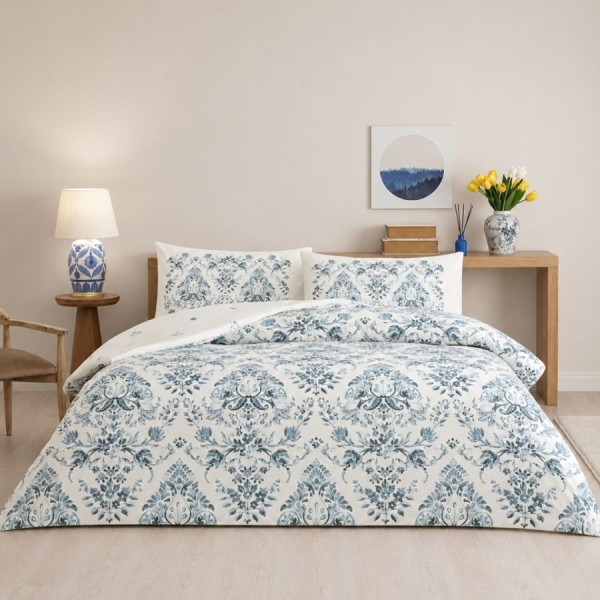 Lenjerie pat dublu TAC Elvar bumbac 100 ranforce model baroc floral albastru