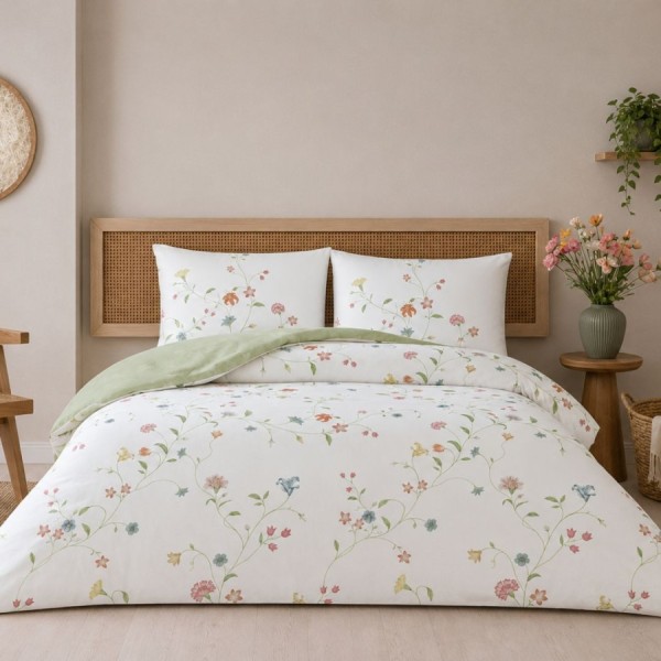 Lenjerie pat dublu bumbac ranforce, TAC Lorinda, model floral cu crini si garoafe