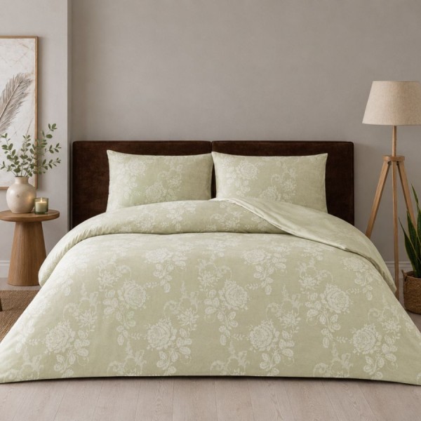 Lenjerie pat dublu TAC Maris Bej bumbac 100 ranforce cu imprimeu floral cu efect vizual de broderie decorativă