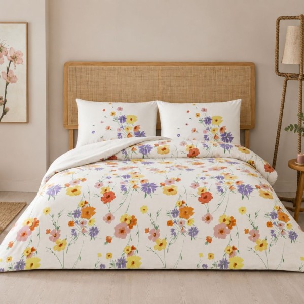 Lenjerie pat dublu bumbac ranforce, TAC Valoria cu imprimeu floral multicolor tip acuarela