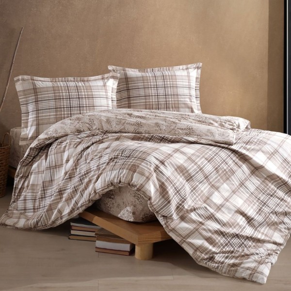 Lenjerie de pat dublu din bumbac 100% ranforce Ravel, design în carouri bej și revers cu imprimeu vegetal discret