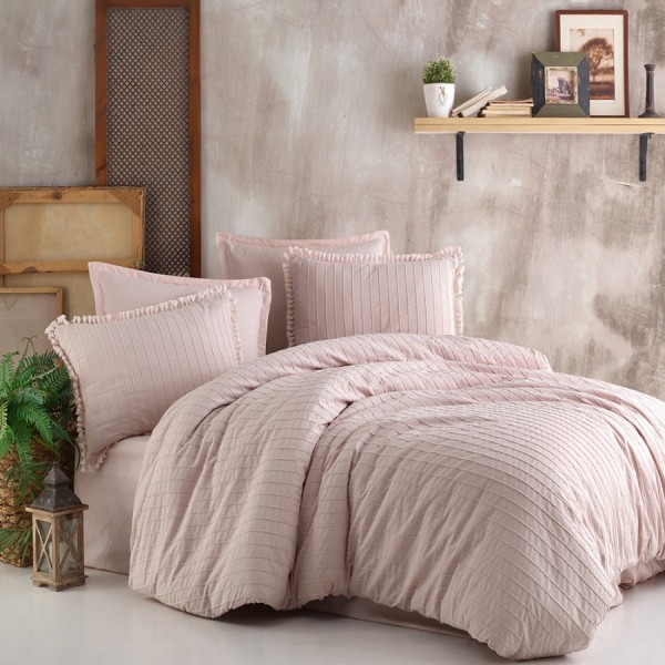 Lenjerie de pat Clasy Home Estina V3 din bumbac 100% jacquard ranforce, design roz cu dungi discrete