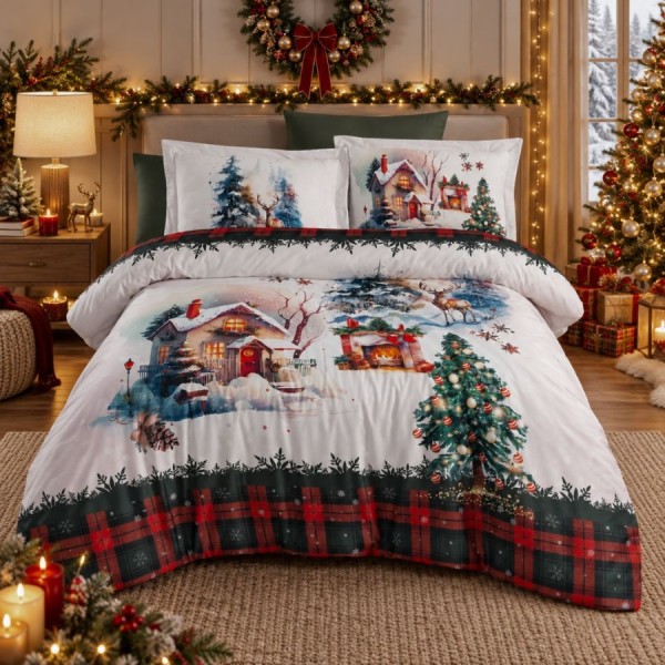 Lenjerie pat 3D bumbac satin de lux peisaj de Craciun Tessa, 6 piese, ambalaj cadou