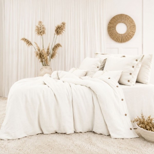 Lenjerie de pat din muselina cu 2 straturi, Vetro Crem 6 piese cu nasturi decorativi