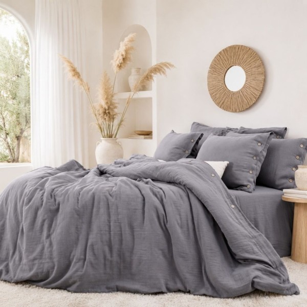 Lenjerie de pat din muselina cu 2 straturi, Vetro Gri antracit 6 piese cu nasturi decorativi