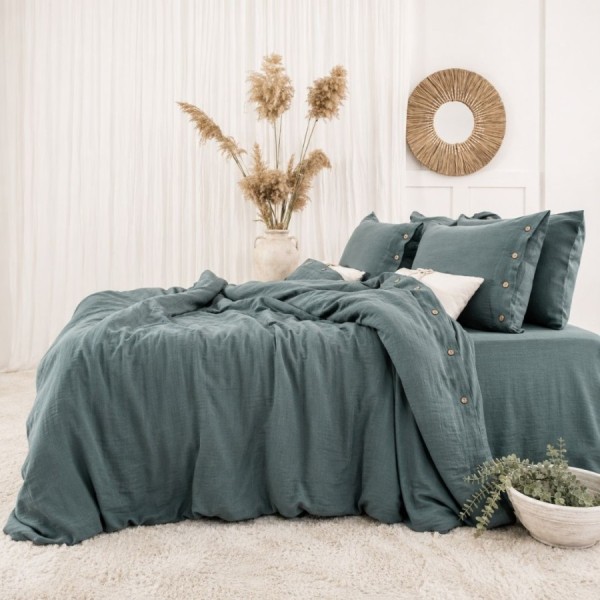 Lenjerie de pat din muselina cu 2 straturi, Vetro Verde 6 piese cu nasturi decorativi