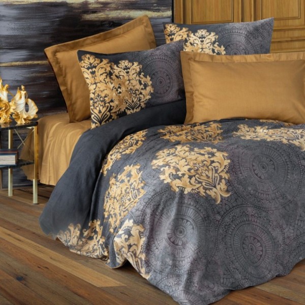 lenjerie de pat premium satin de lux 6 piese Cotton Box Jadira Beige design elegant bej si auriu