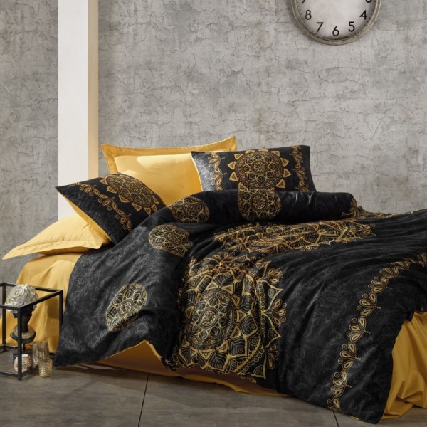 Lenjerie de pat Alvina Gold din bumbac satinat negru cu ornamente aurii