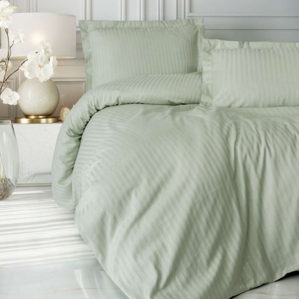 lenjerie pat Cotton Box Stripe Verde din bumbac satinat mercerizat verde pal cu dungi discrete
