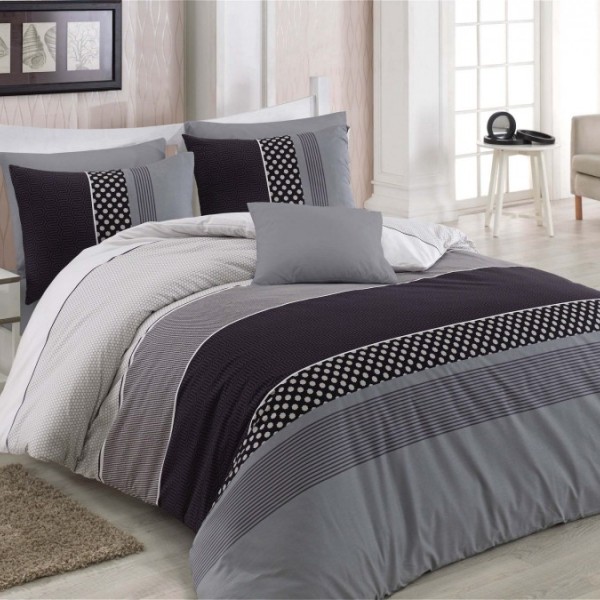 Lenjerie de pat Ranforce Bahar Eiffel V1 cu design modern în nuanțe de negru și gri decorată cu dungi și puncte geometrice