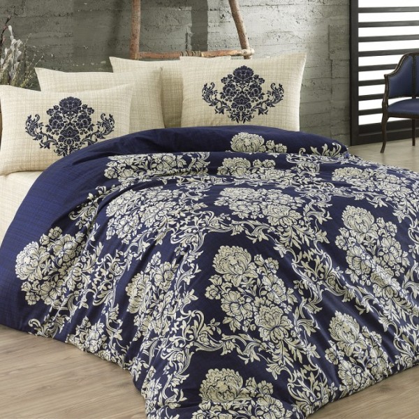 Lenjerie de pat Bahar Estella din bumbac ranforce cu design floral albastru închis și crem